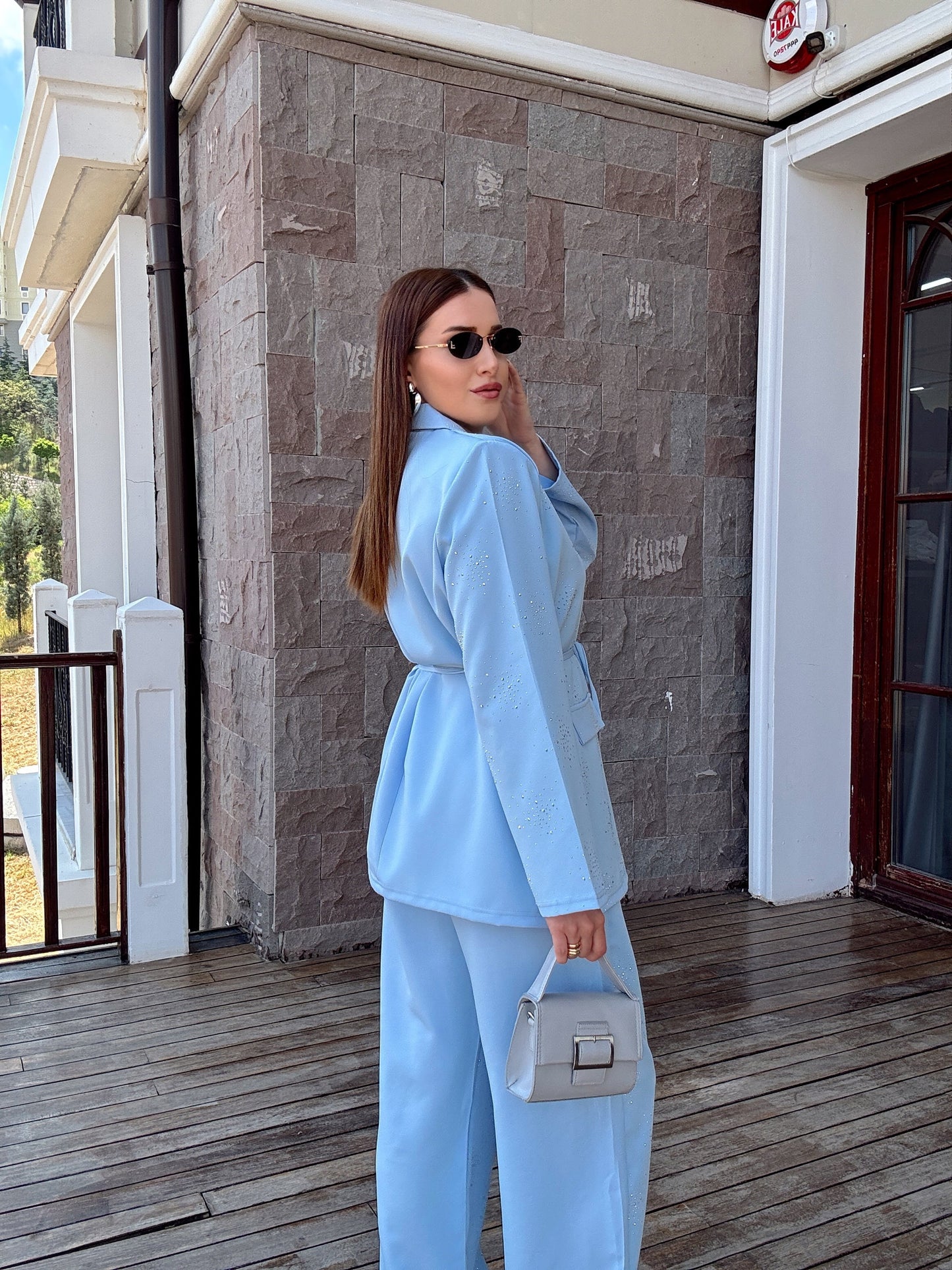 Taş işleme detaylı ceket pantolon takım MAVİ