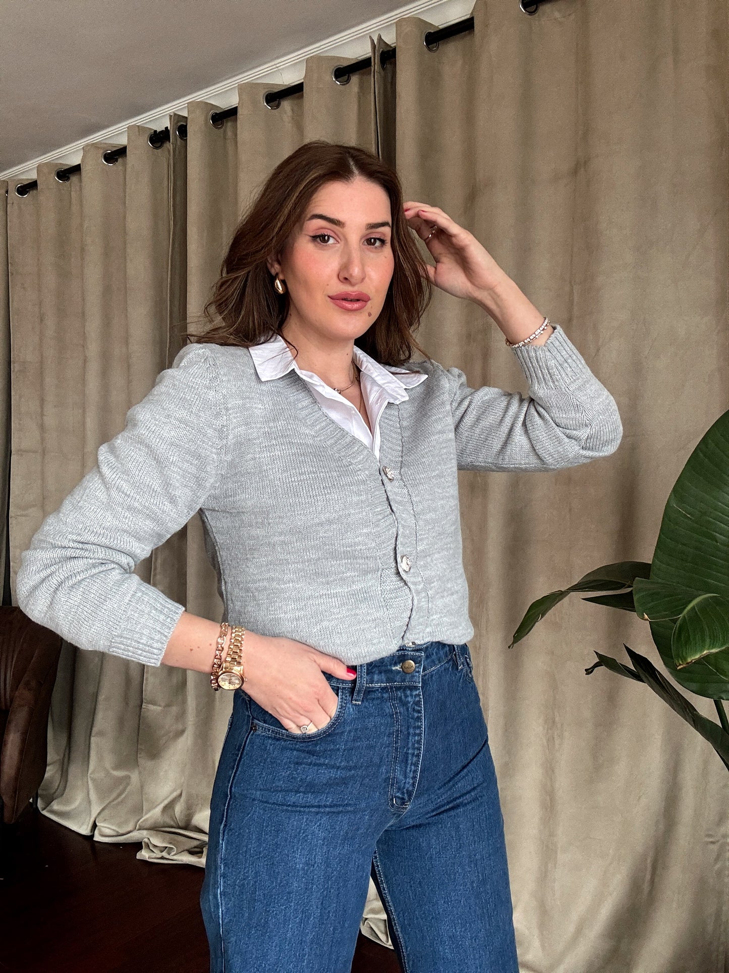 Gümüş Düğme Detaylı Triko Hırka-GRİ