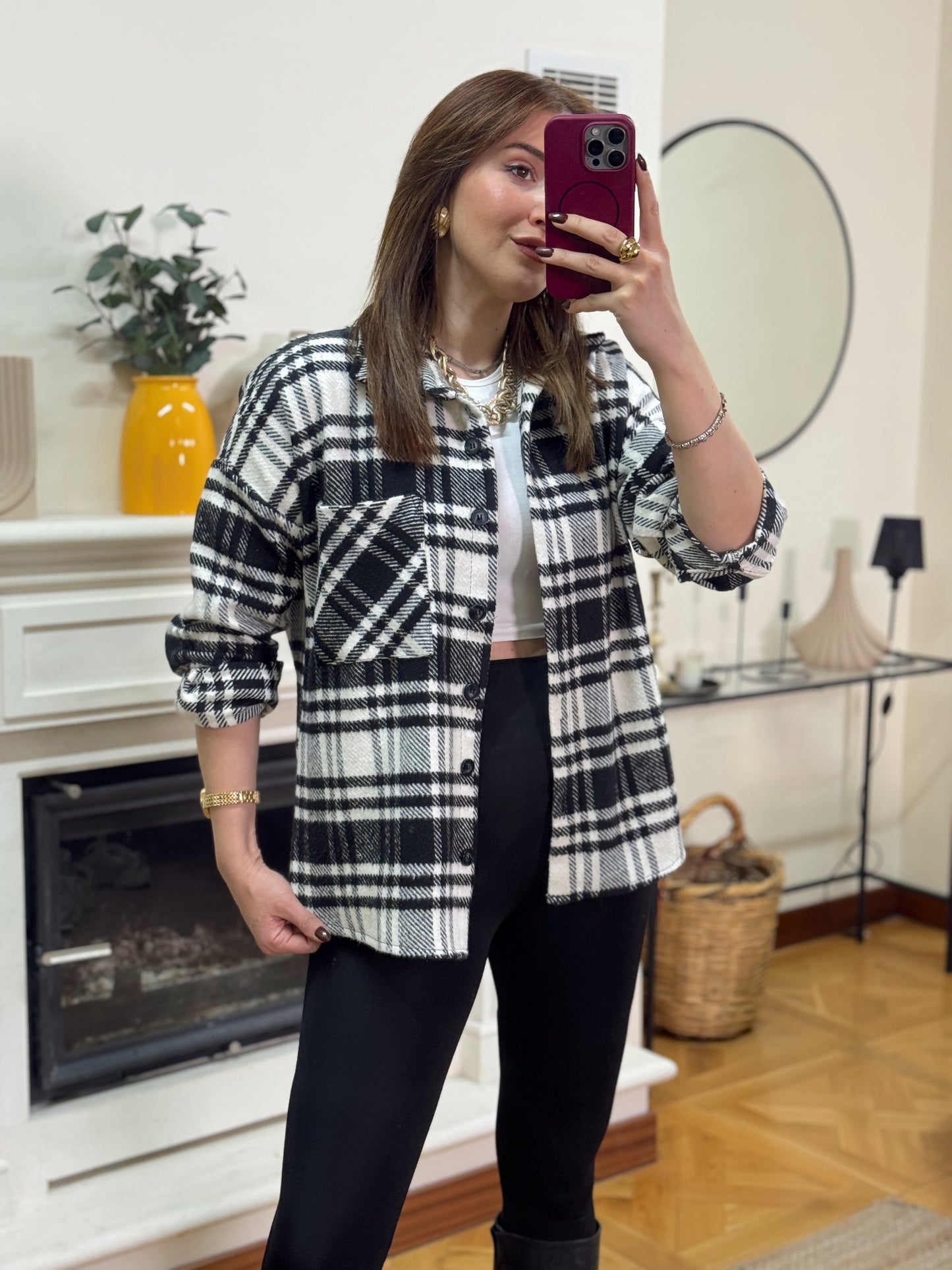 Ekose desen tek cepli gömlek SİYAH-BEYAZ