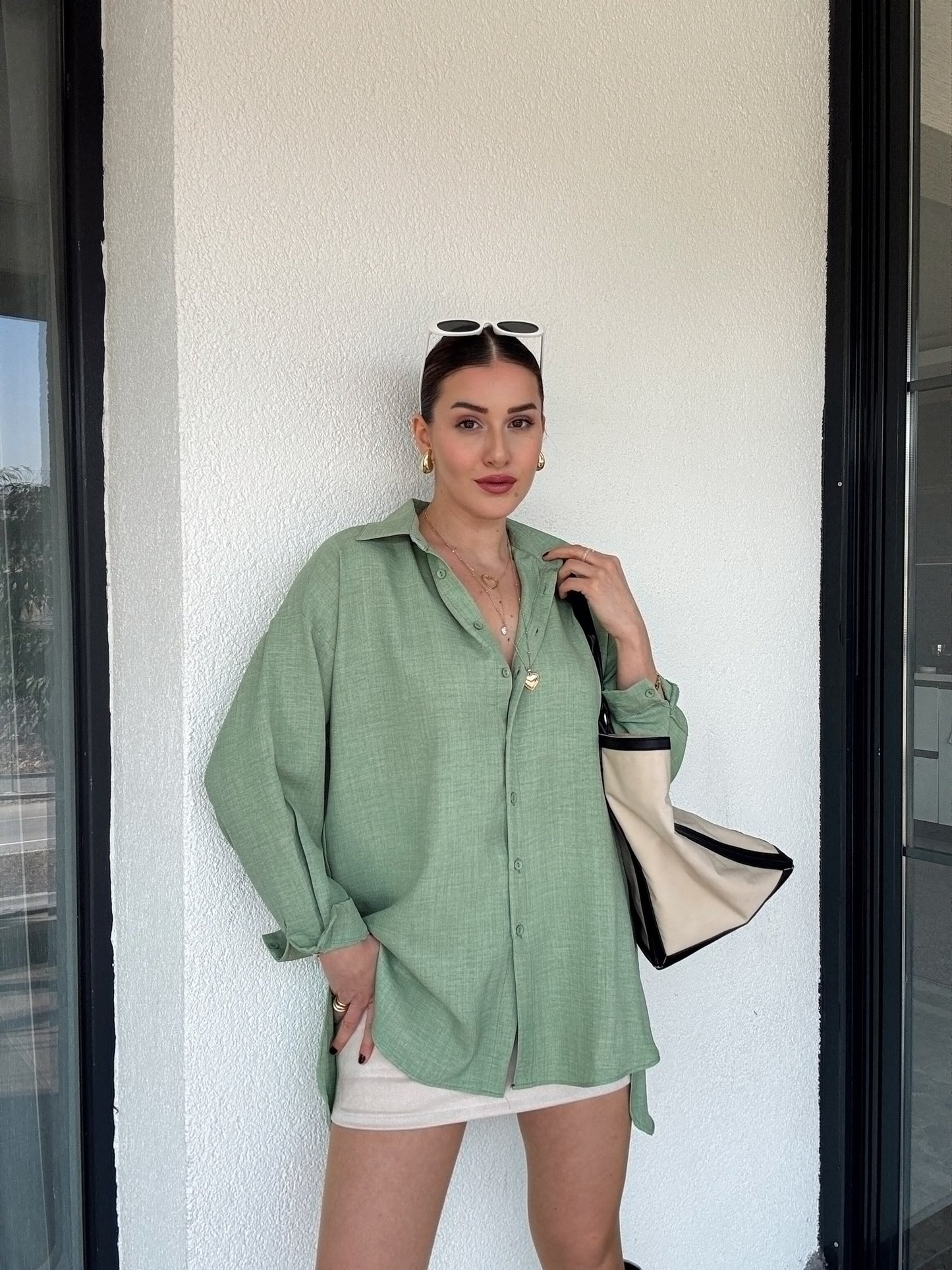 Arka Çift Pens Oversize Keten Gömlek YEŞİL