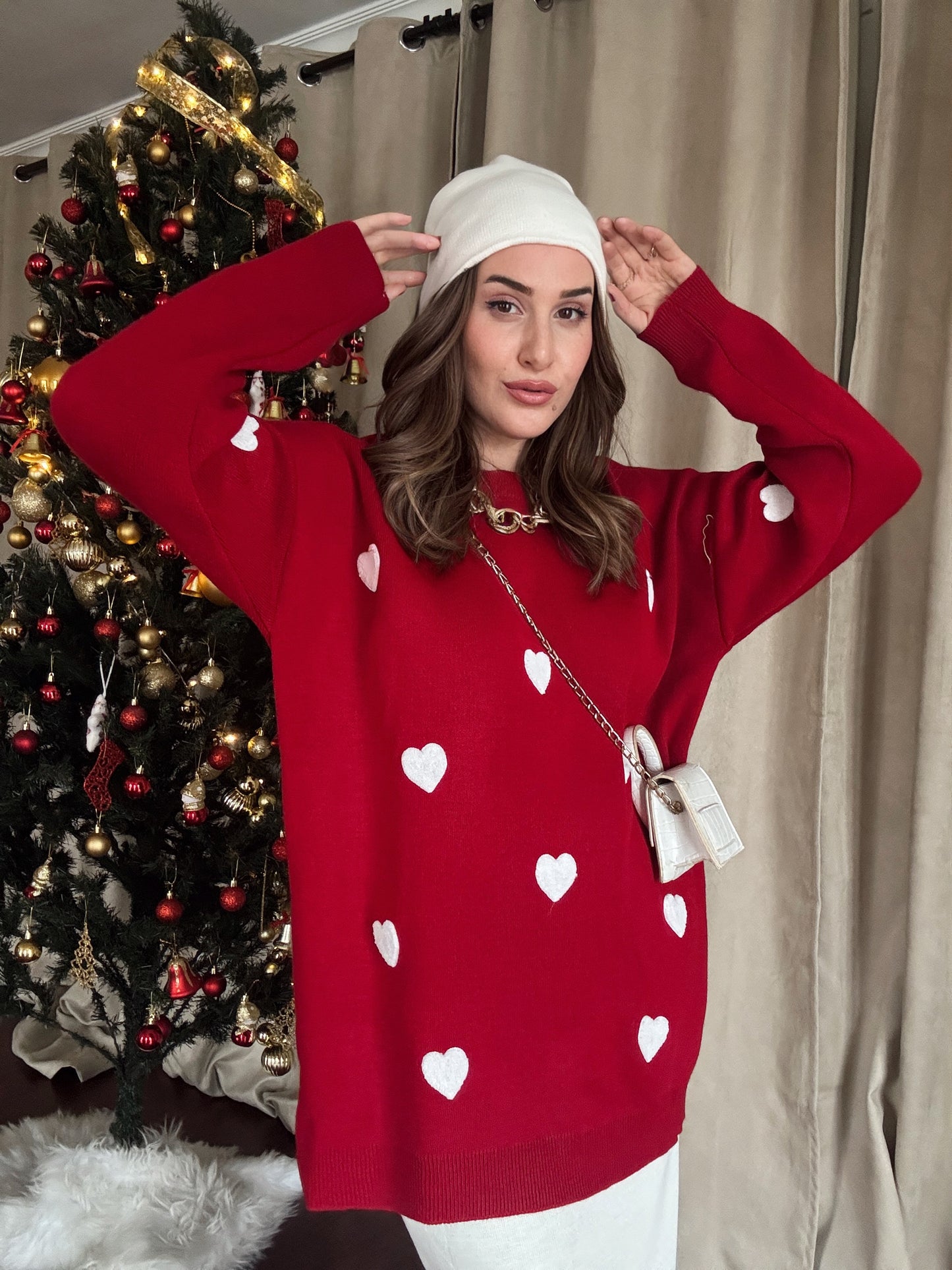 Minik Kalp Detay Triko Kazak - KIRMIZI