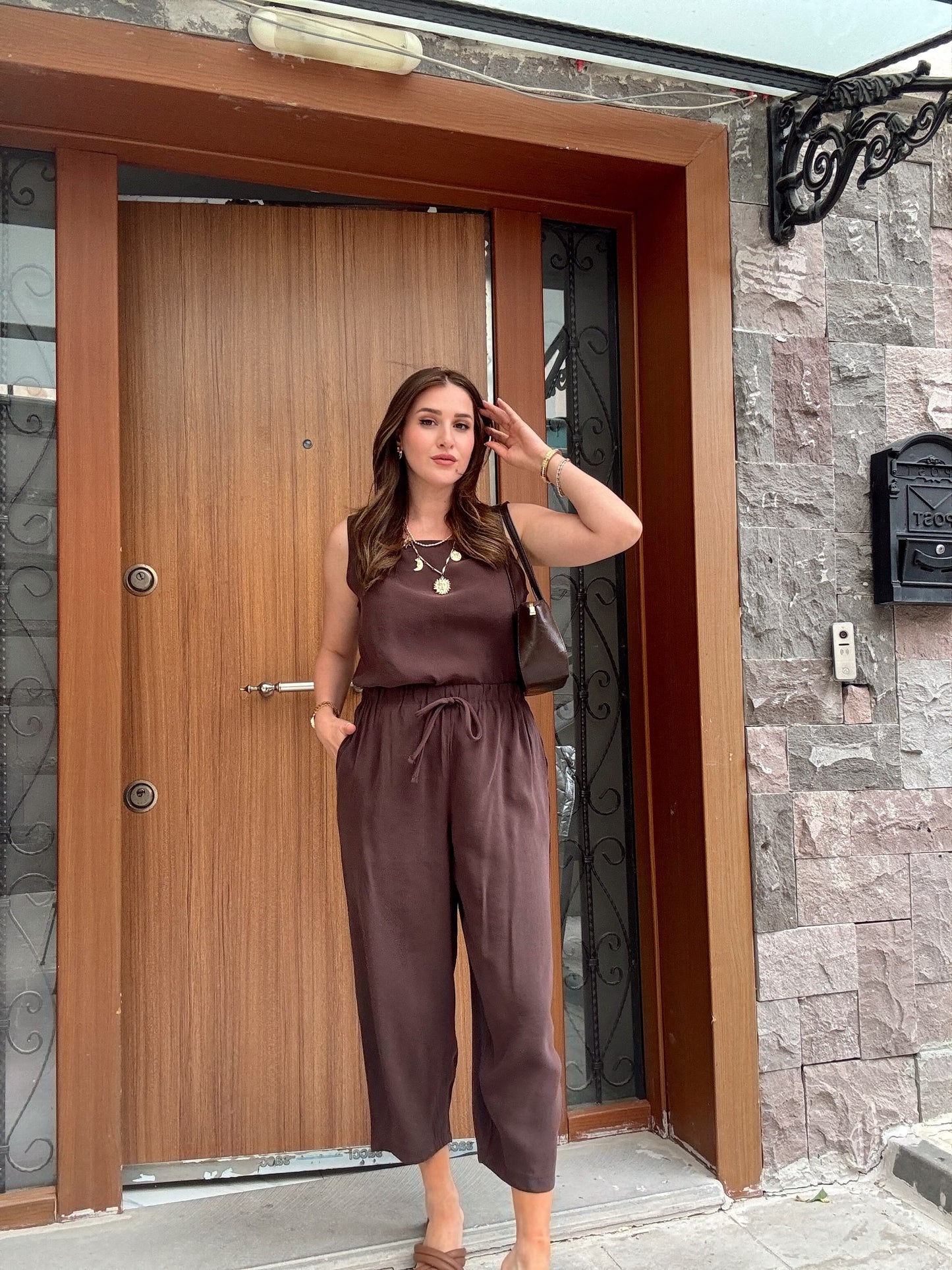 Charlotte aerobin kumaş ikili takım KAHVERENGİ