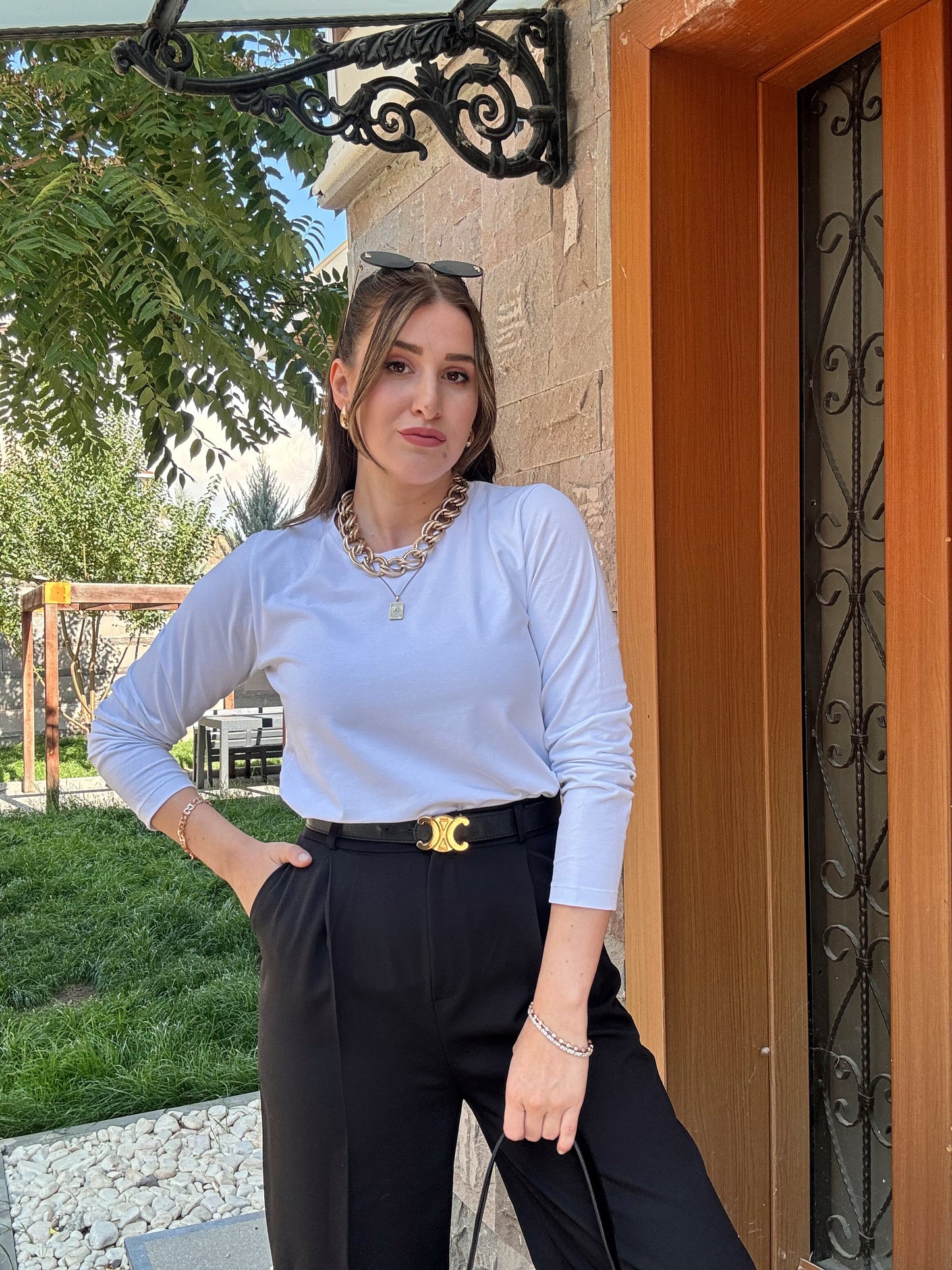 Basic Sıfır Yaka Uzun Kol Badi - BEYAZ