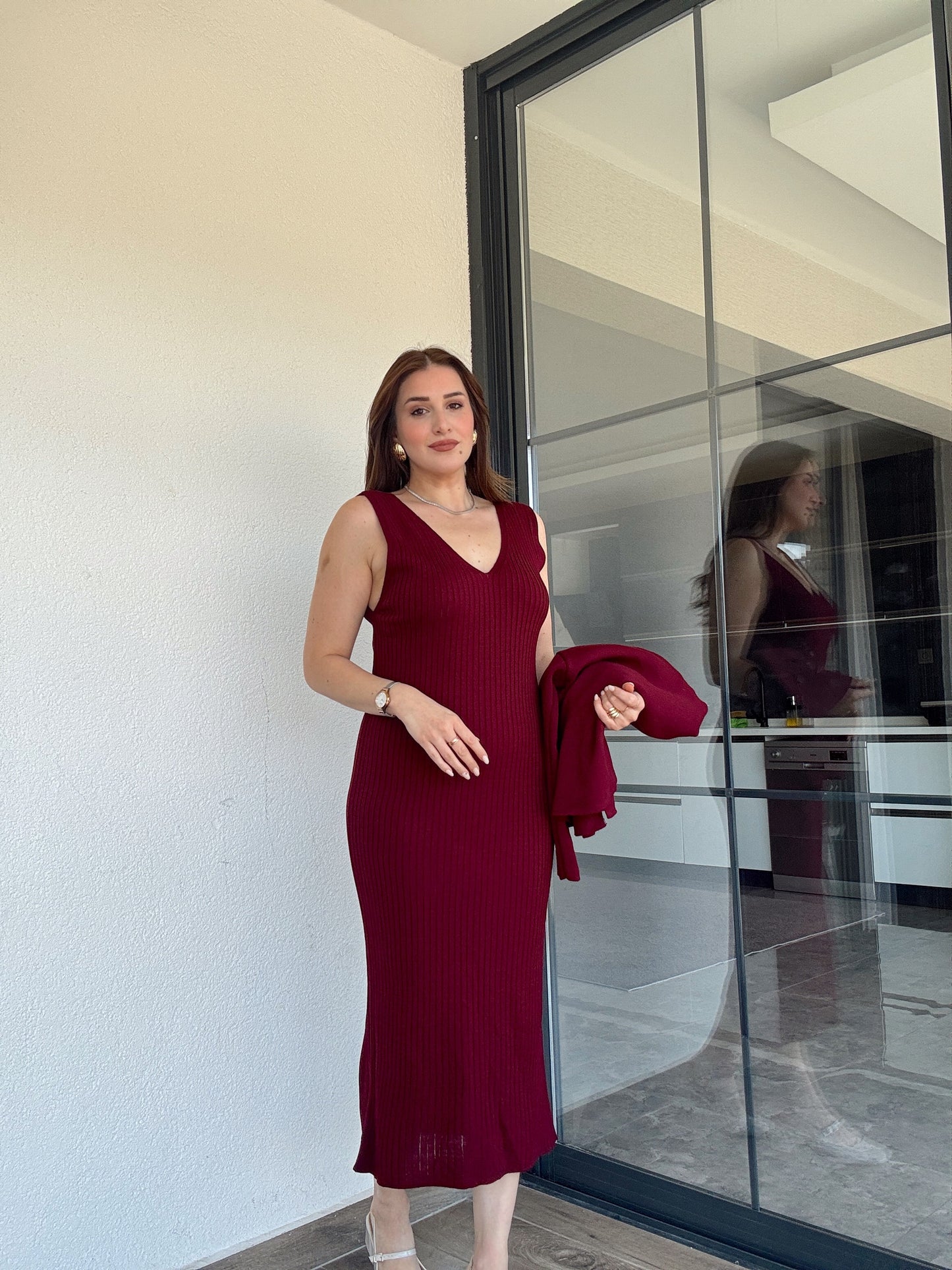 Önü Bağlama Jileli Triko Takım Bordo
