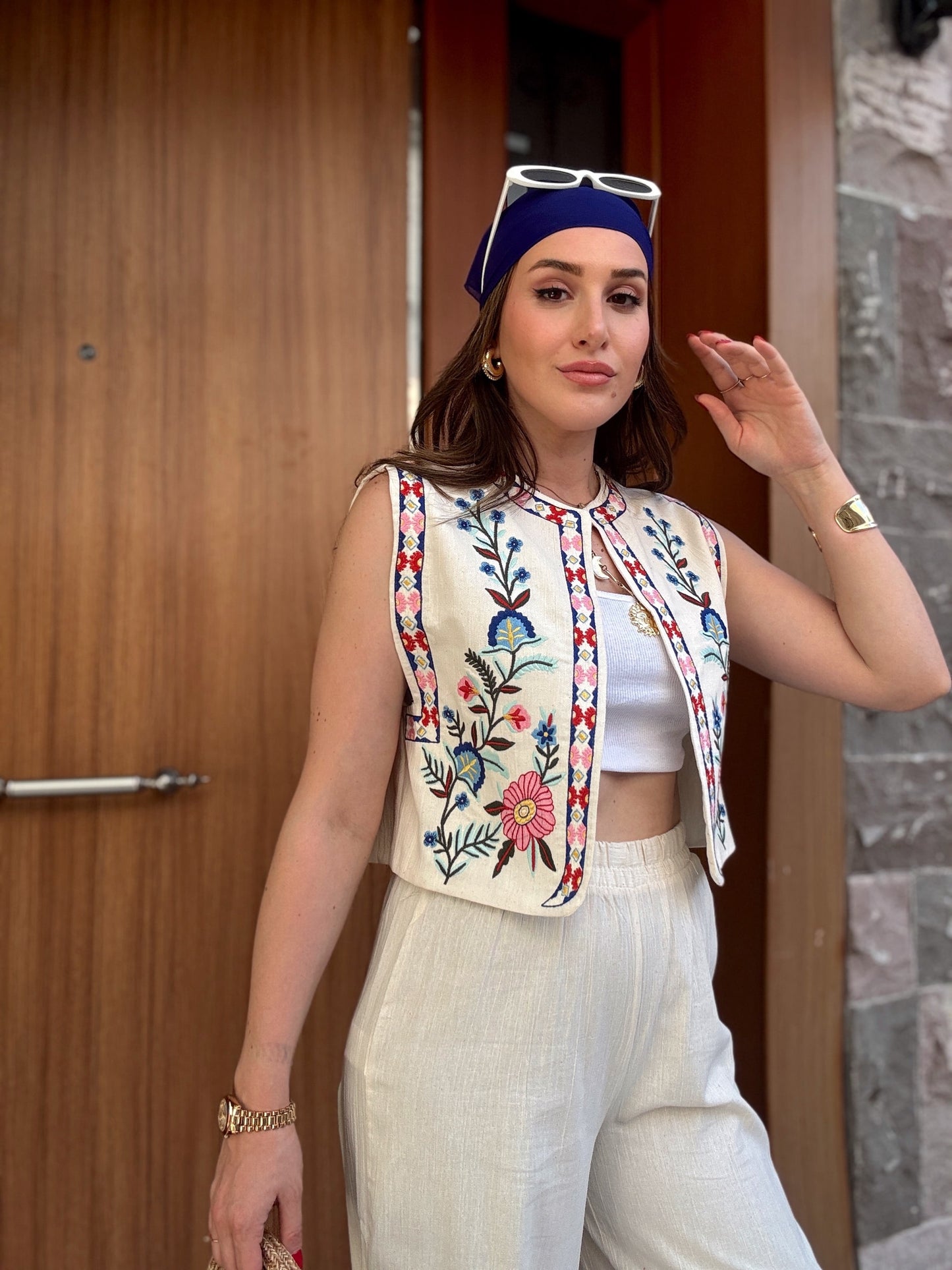 Datça nakış detaylı keten takım BEJ