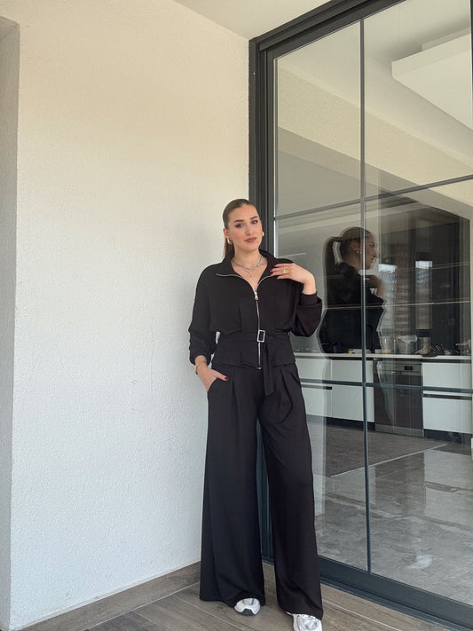 Modal kumaş dik yaka etek pileli ceket pantolon takım-SİYAH