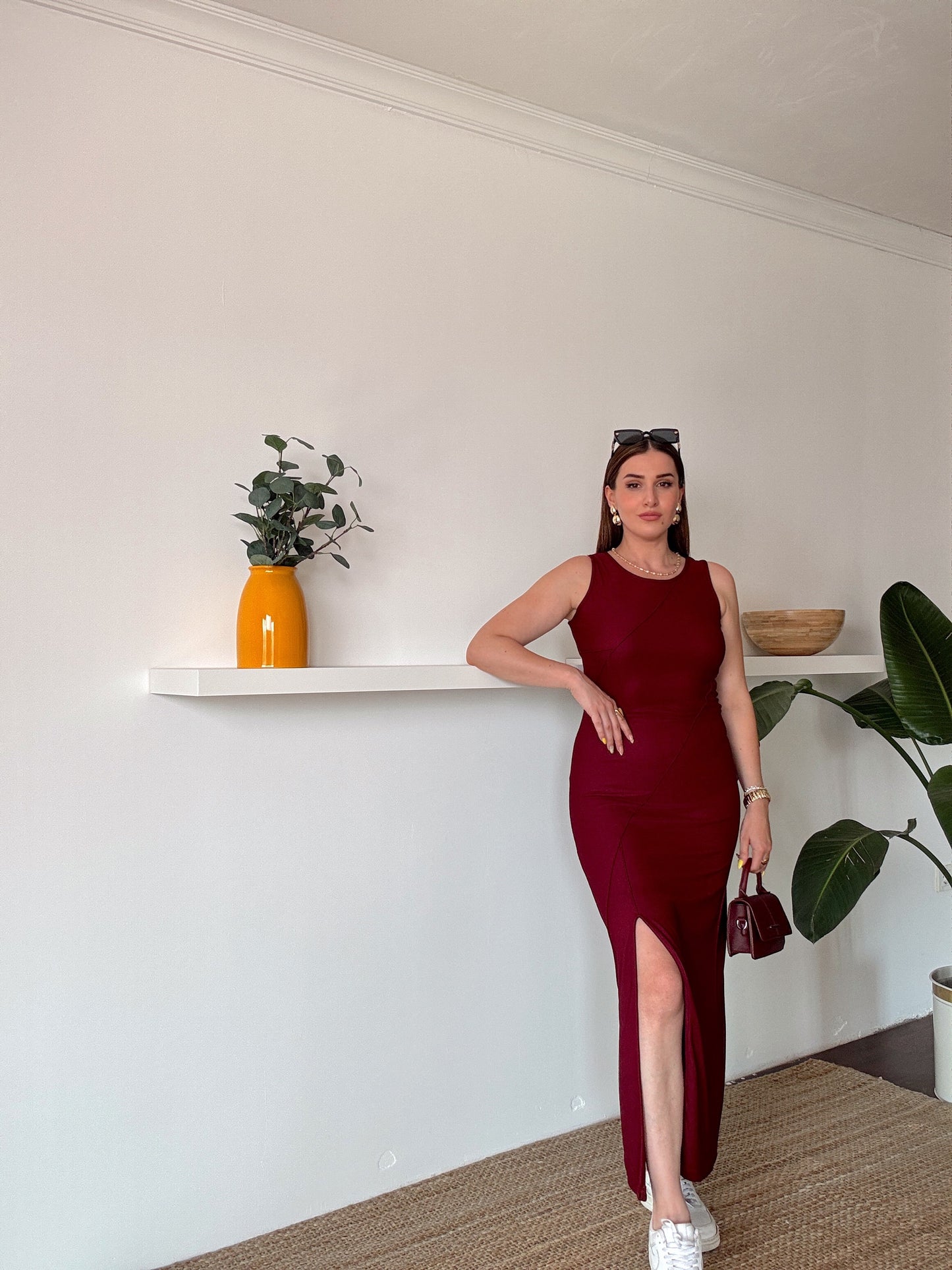 Nevürlü Yırtmaçlı Elbise Bordo