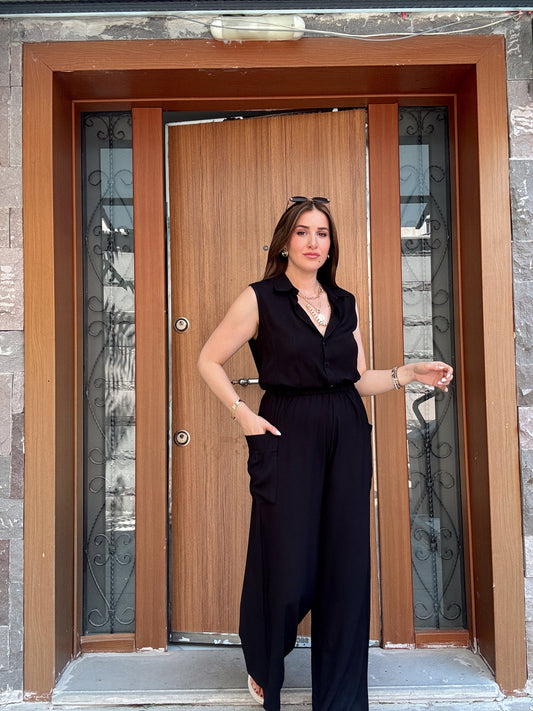 Seli cepli bel lastikli tulum SİYAH