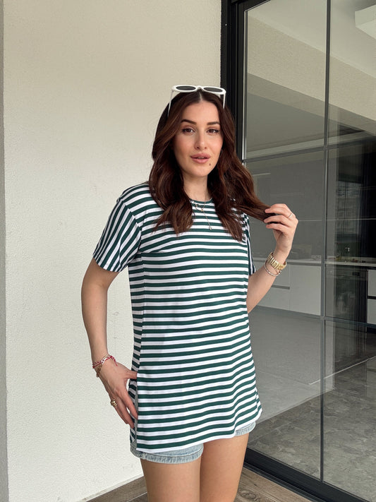 Çizgili Sıfır Yaka Kısa Kol Tişört - YEŞİL