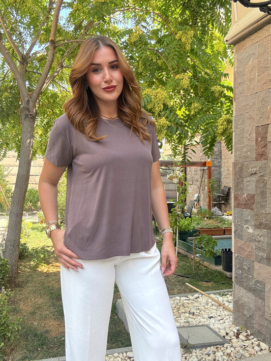 Tensel kumaş yırtmaçlı oversize tişört Kahve
