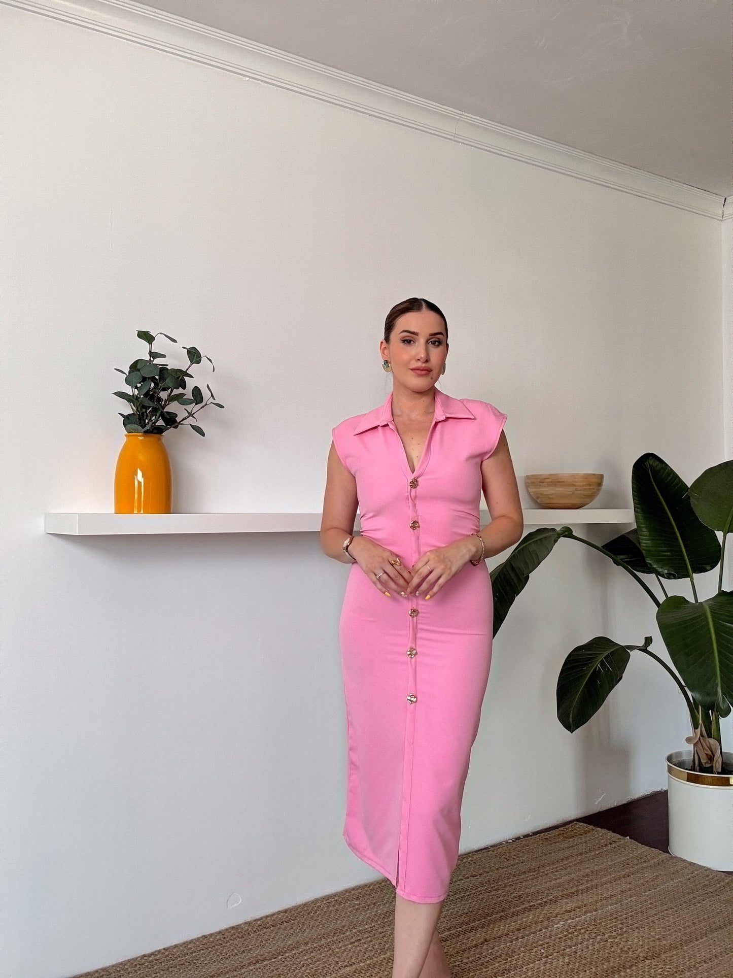 Ön Düğmeli Elbise Pembe