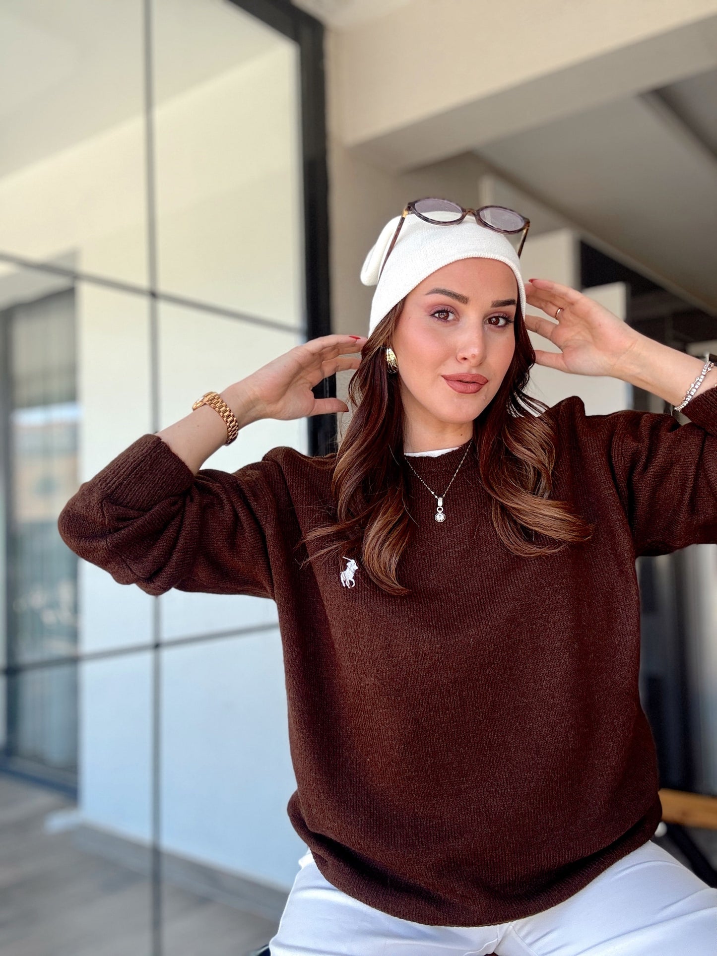 Nakışlı Oversize Triko Kazak Kahve