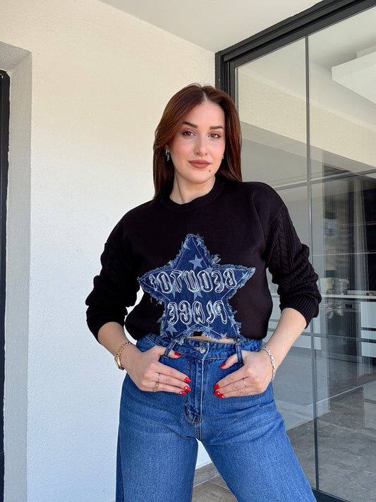 Twst model kot yıldızlı kazak SİYAH