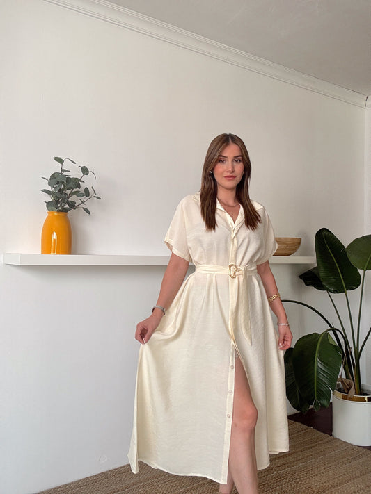 Bel kemerli gold tokalı düğmeli elbise BEJ