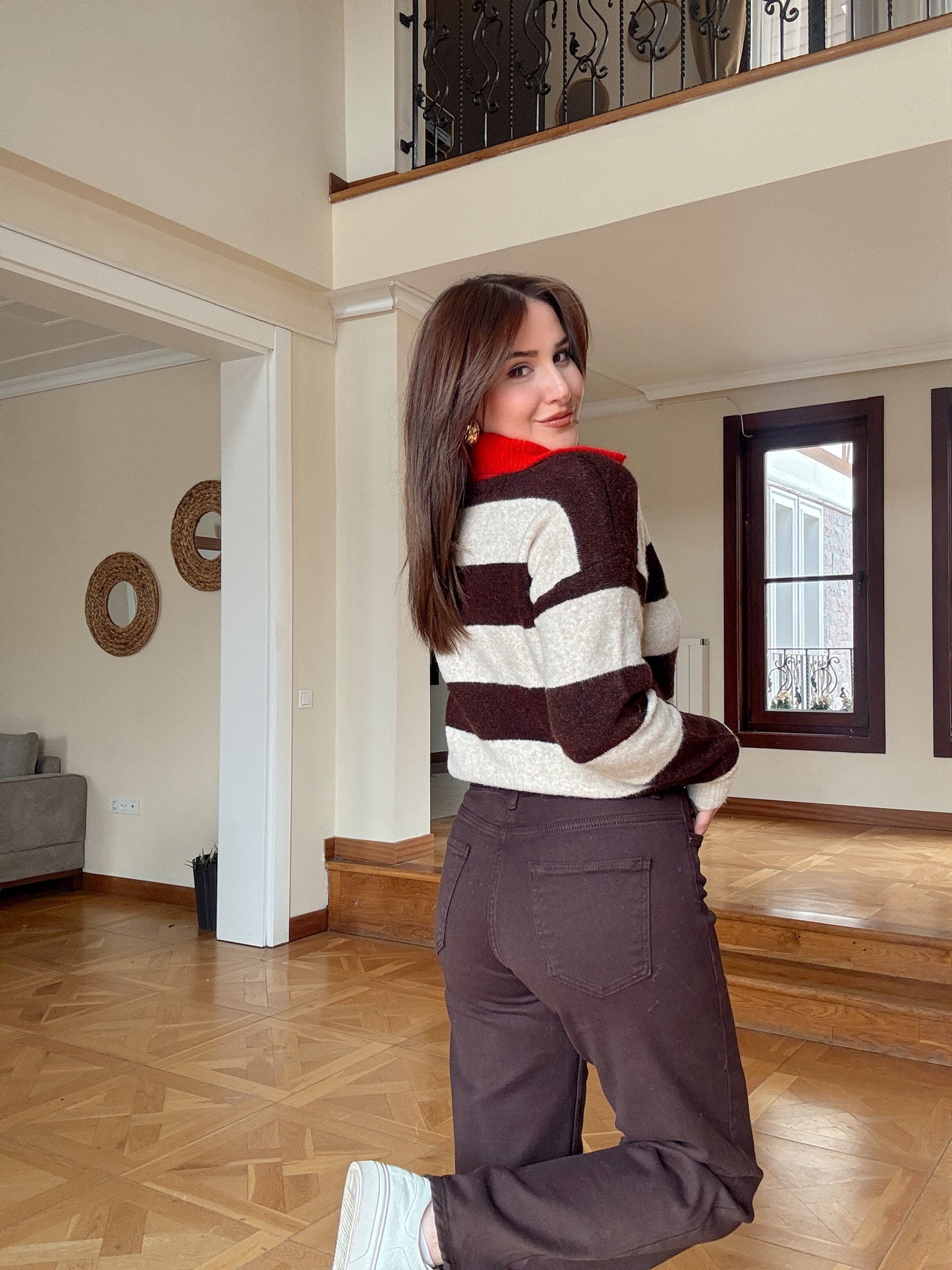 Likralı Palazzo jean pantolon-KAHVERENGİ