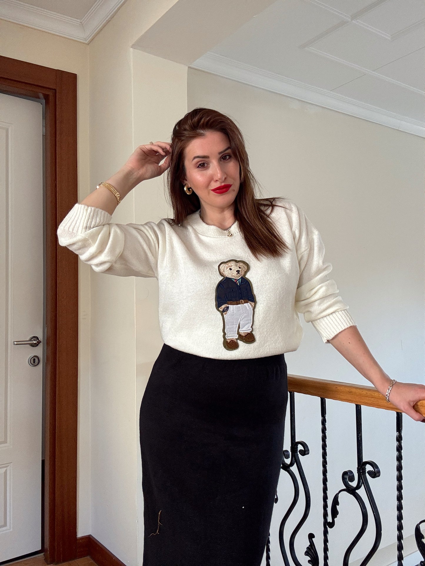 Ayıcık İşleme Yumoş Triko Kazak - EKRU-LACİVERT