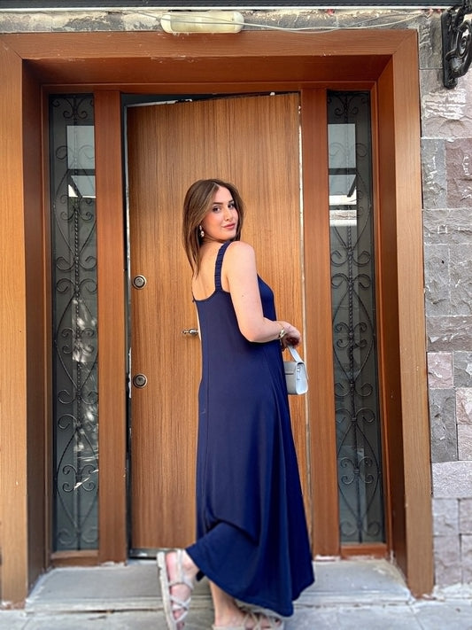 Modal kumaş lastik askılı elbise LACİVERT