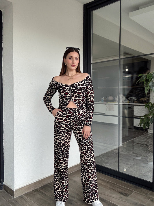Leopar Desenli Ottoman Pantolon BORDO