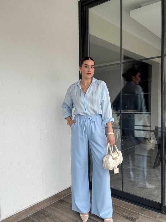 Luna Lastikli Palazzo Pantolon - BEBE MAVİ