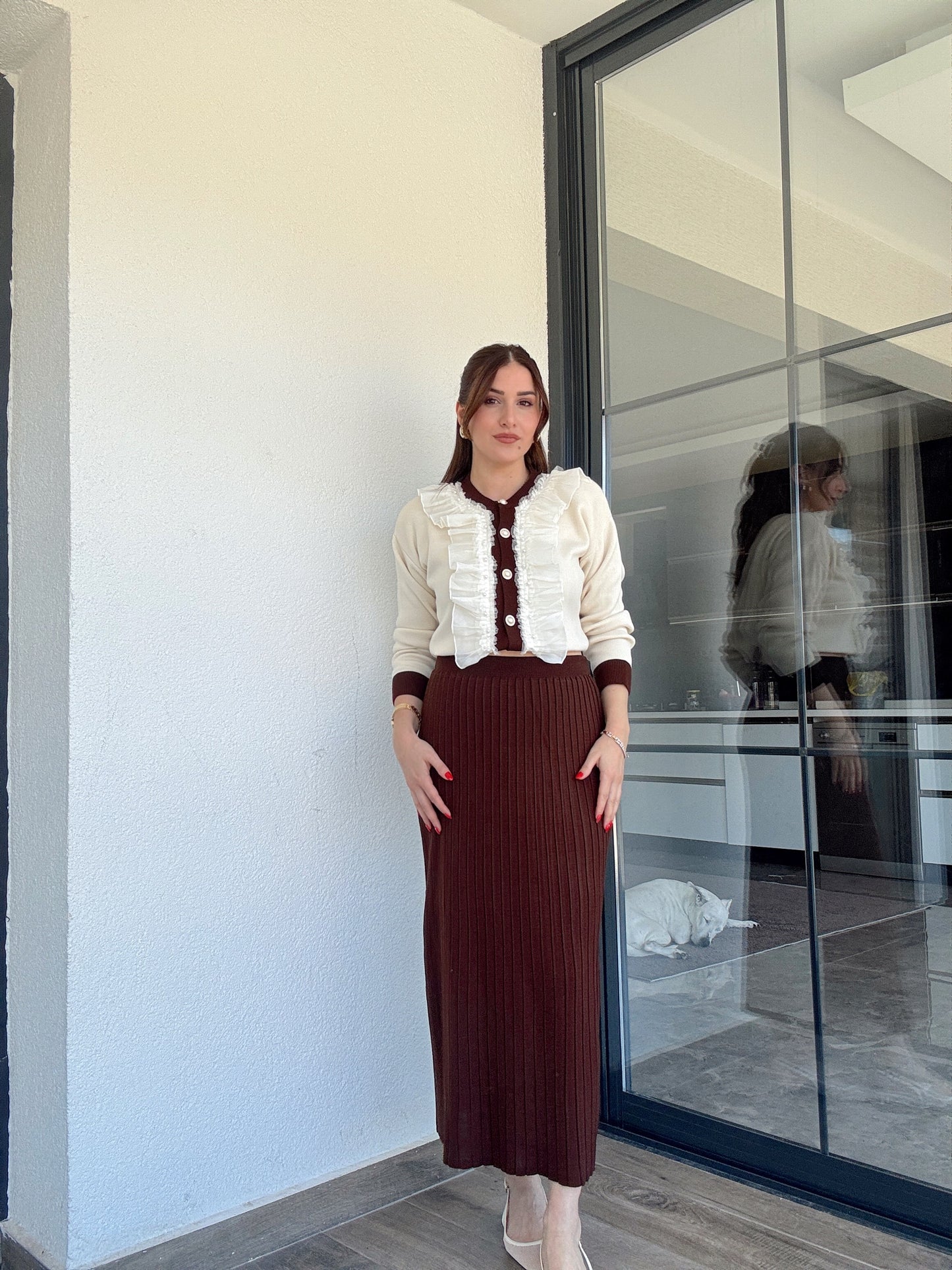 Manolya incili etekli ikili takım KAHVERENGİ