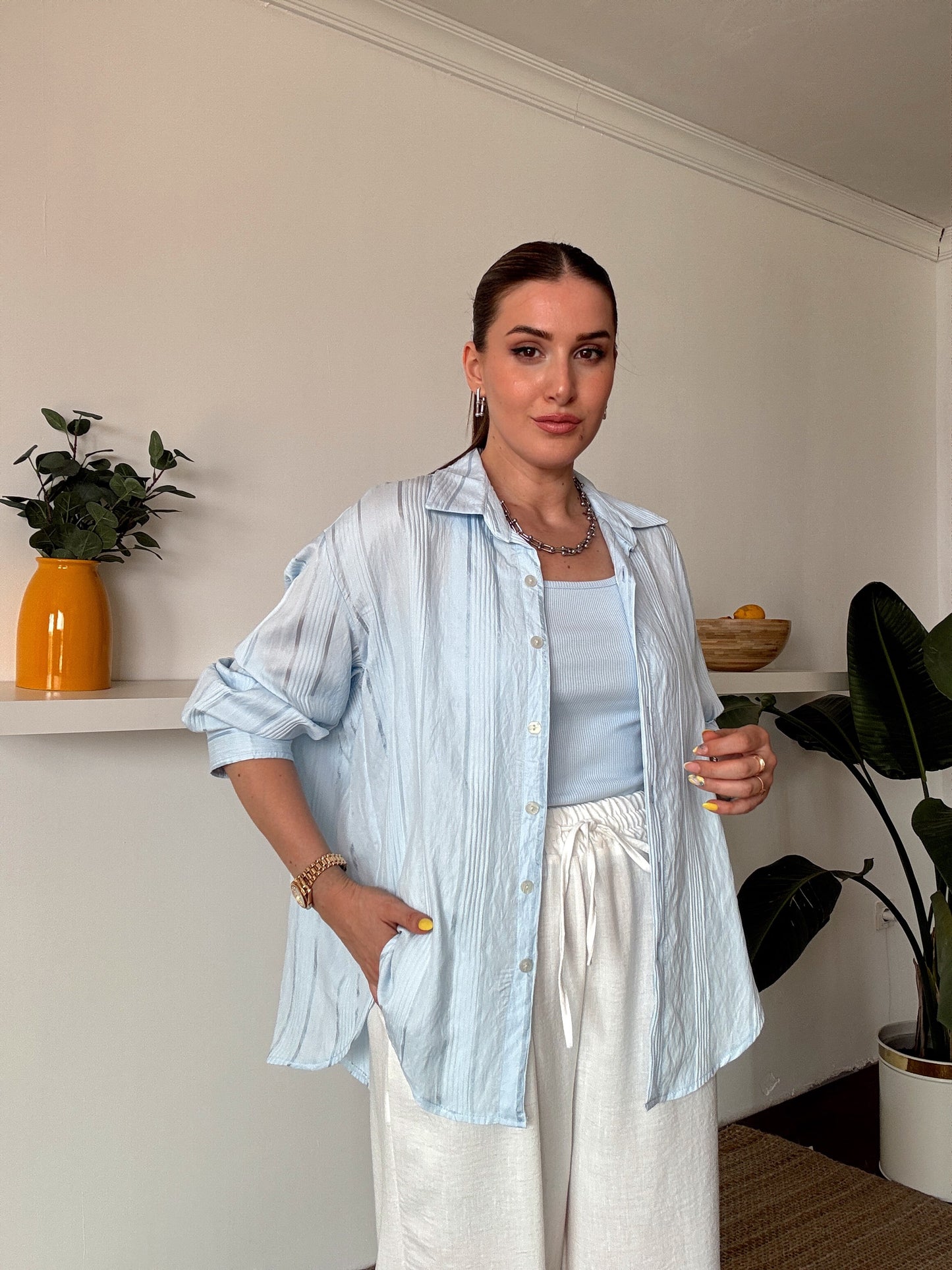 Crush çizgili atletli basic gömlek BEBE MAVİ