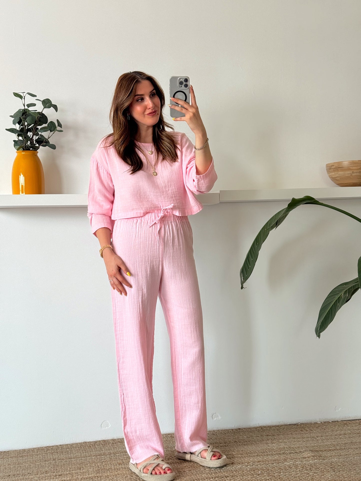 Keten uzun kol crop pantolon ikili takım PEMBE