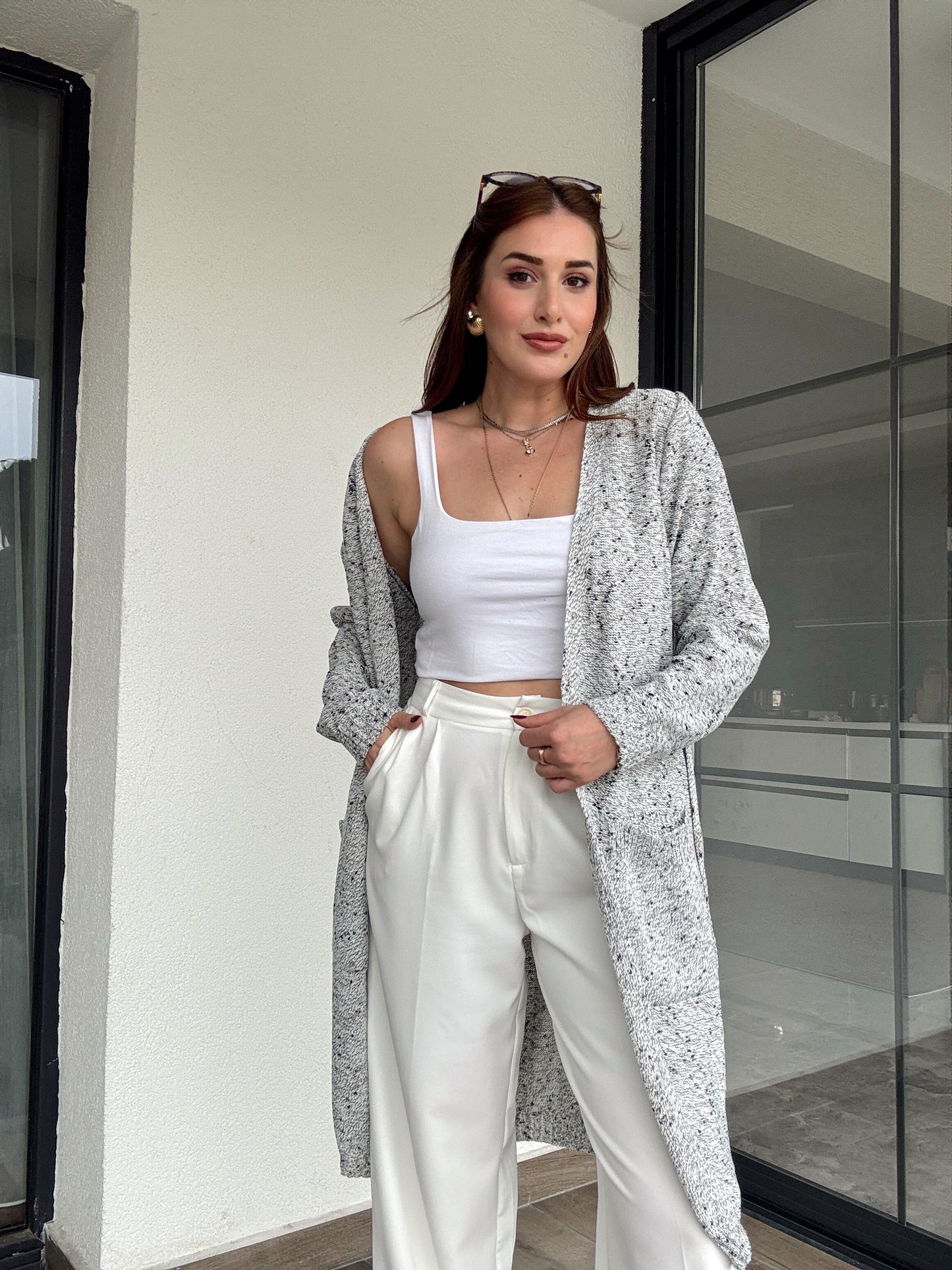 Bel kemer detaylı karışımlı ceket-GRİ