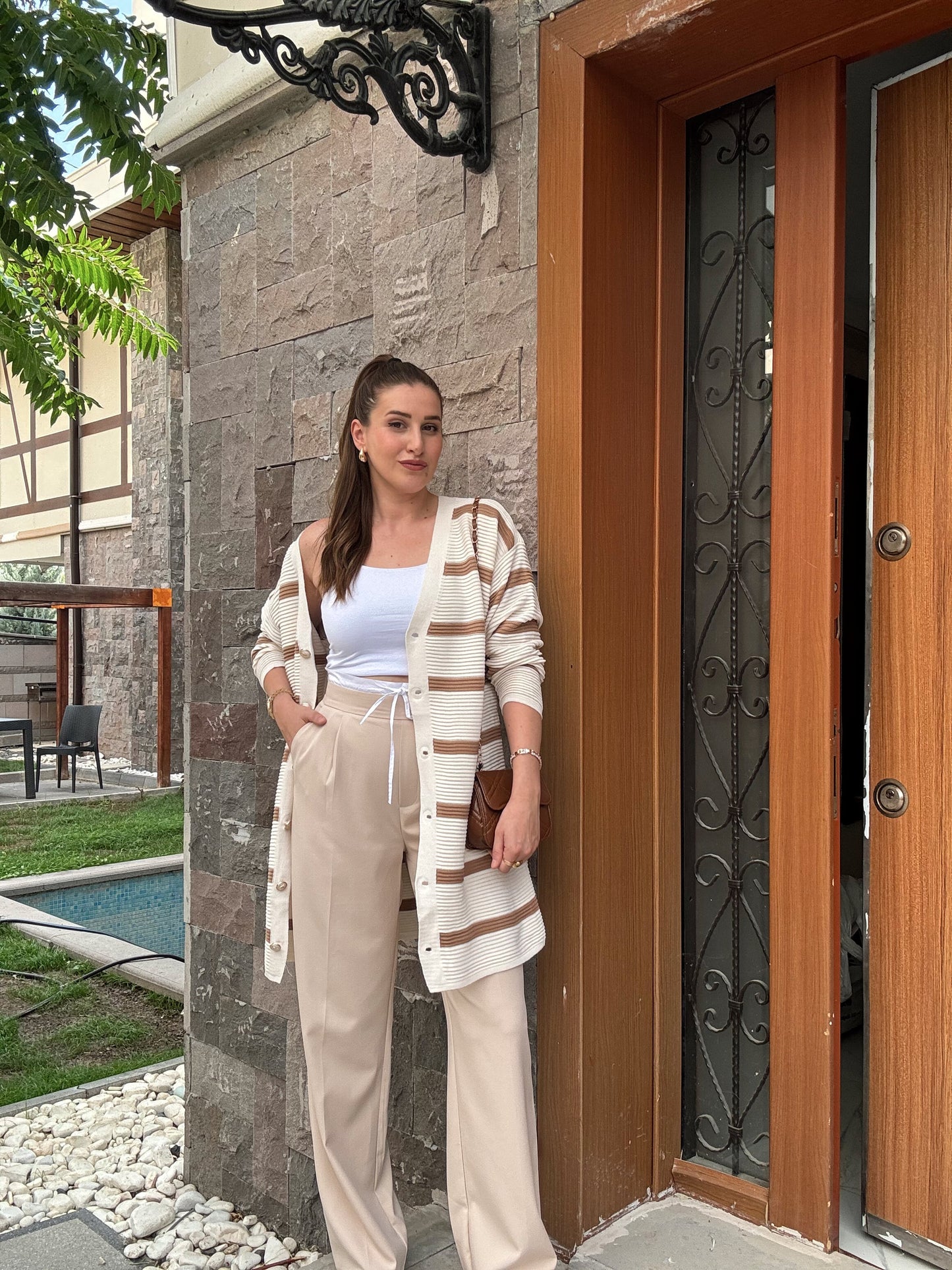 Çift Renk Çizgili Düğmeli Hırka - EKRU