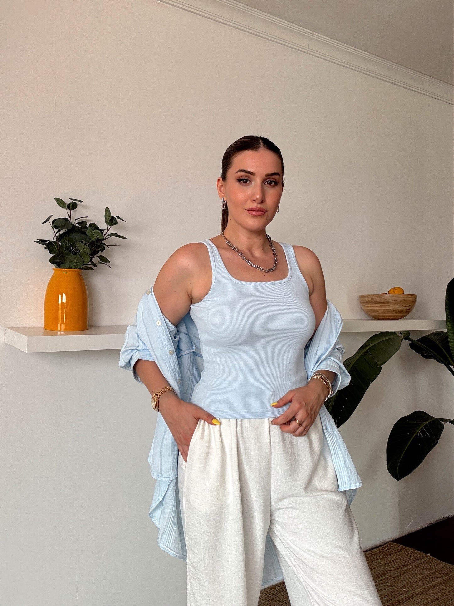 Crush çizgili atletli basic gömlek BEBE MAVİ