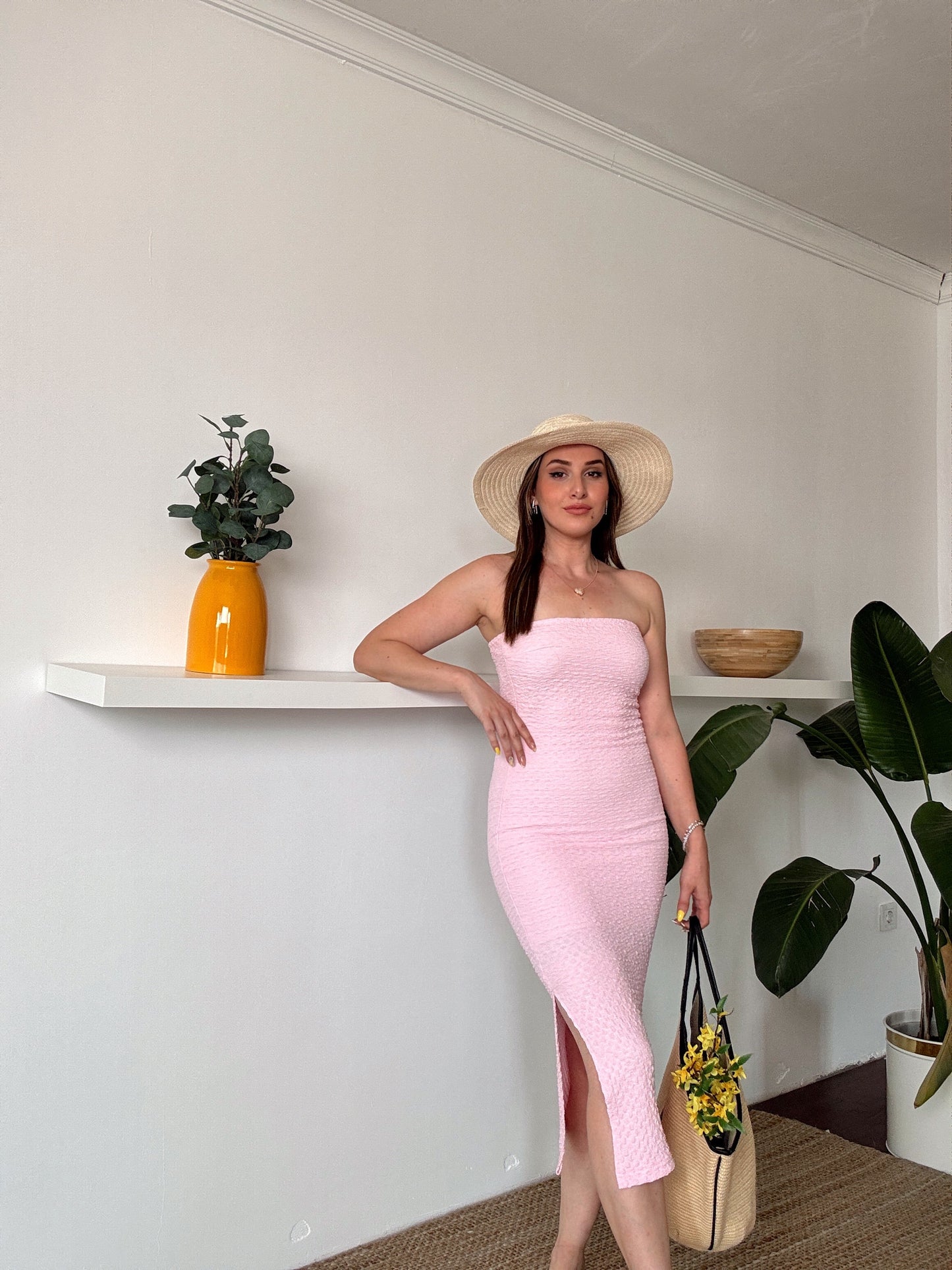BEYDA straplez yırtmaçlı astarlı elbise PEMBE