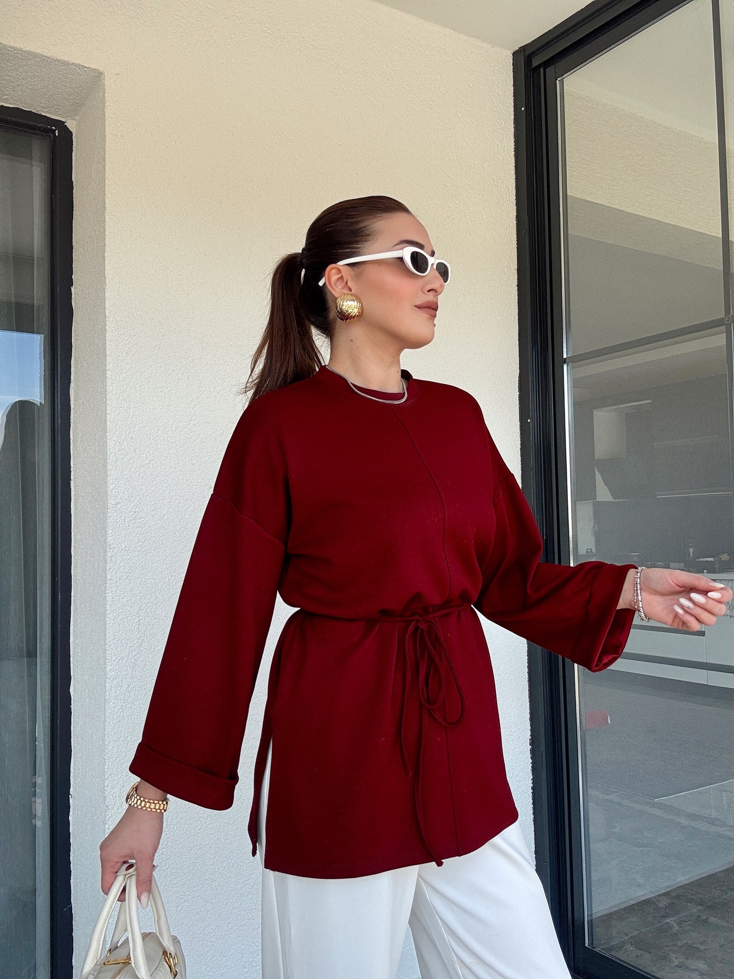 Modal kumaş duble kol tunik-BORDO