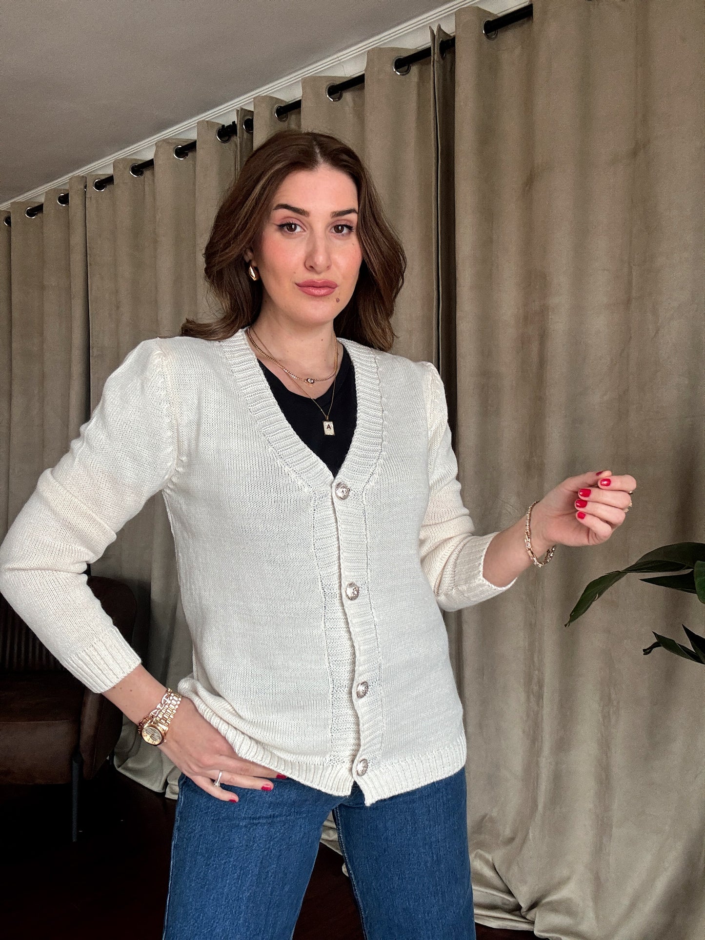 Gümüş Düğme Detaylı Triko Hırka-LATTE