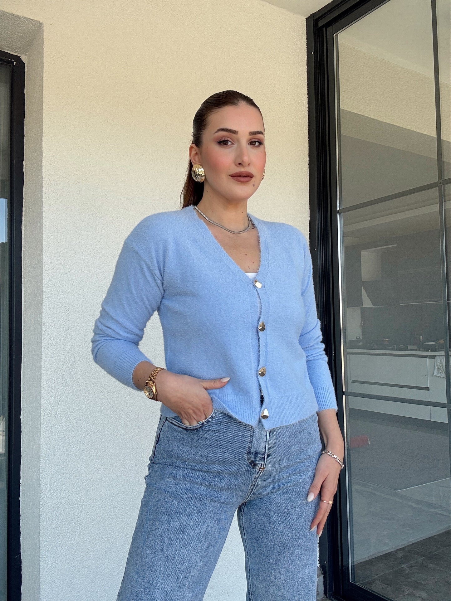 V Yaka yumoş ceket-MAVİ