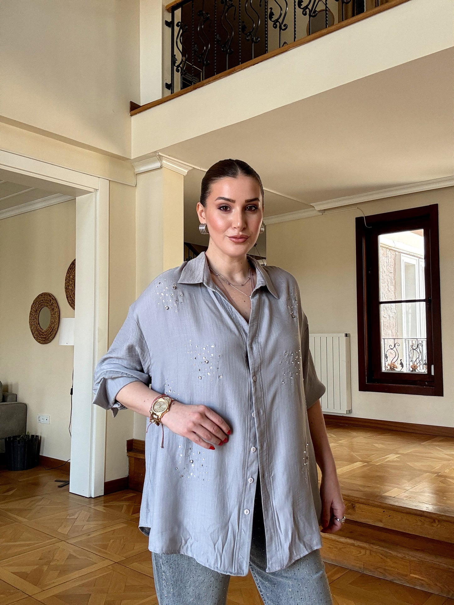 Keten kumaş taşlı oversize gömlek GRİ