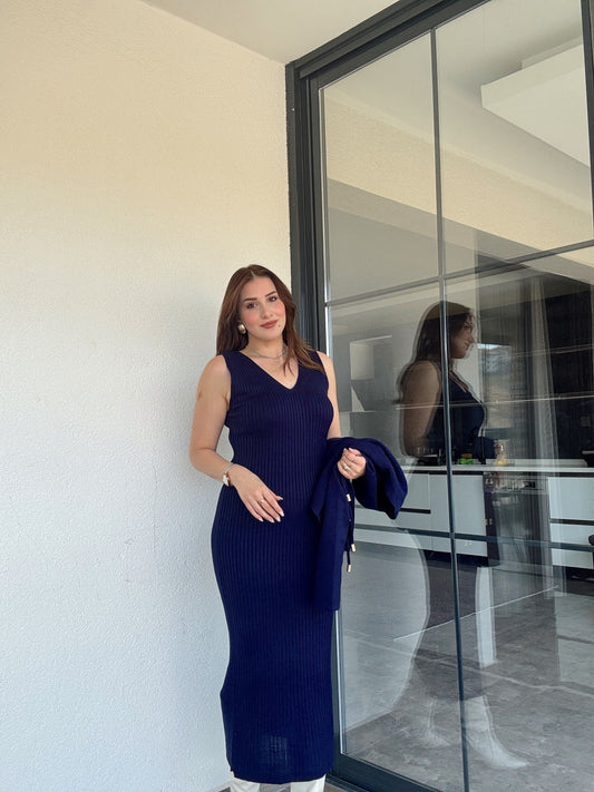 Önü Bağlama Jileli Triko Takım Lacivert