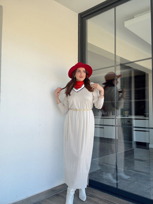 Şerit detaylı uzun triko elbise BEJ