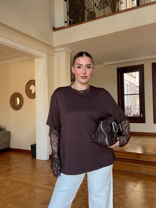 Kolları güpür detaylı basic tişört Kahve