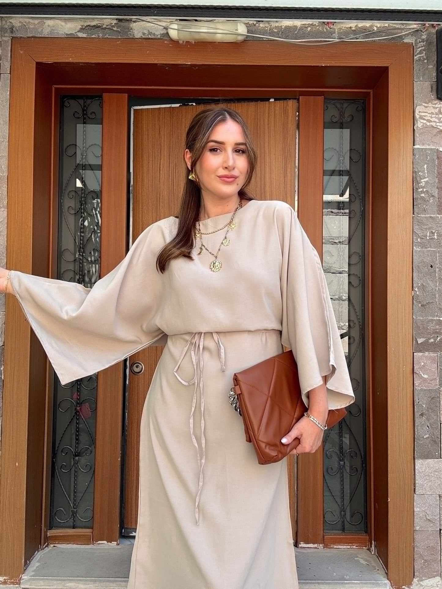 Bağlama Model Cupra bel Kuşaklı Yarasa Kol elbise Taş