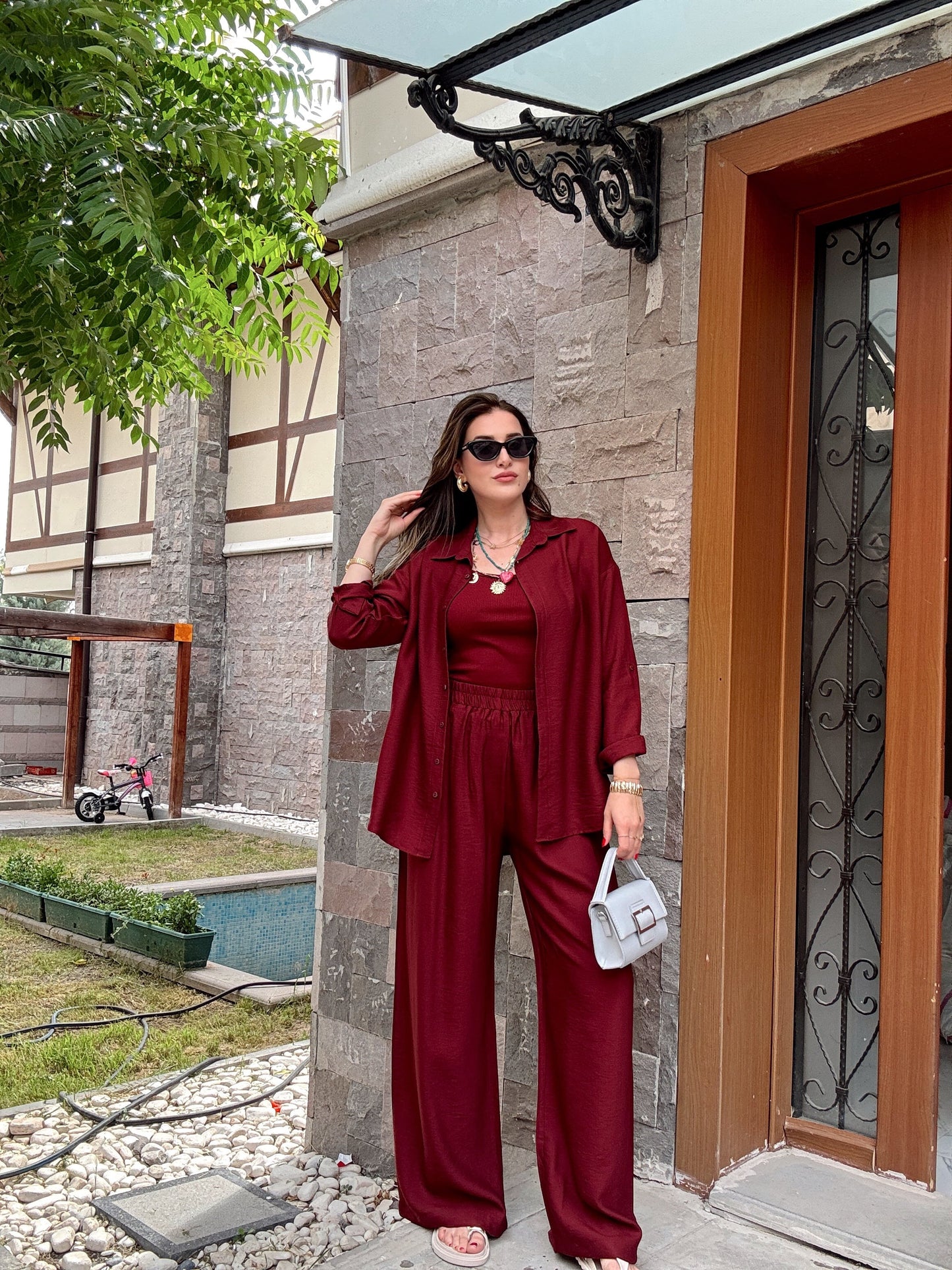 3 Parça Keten Takım Bordo