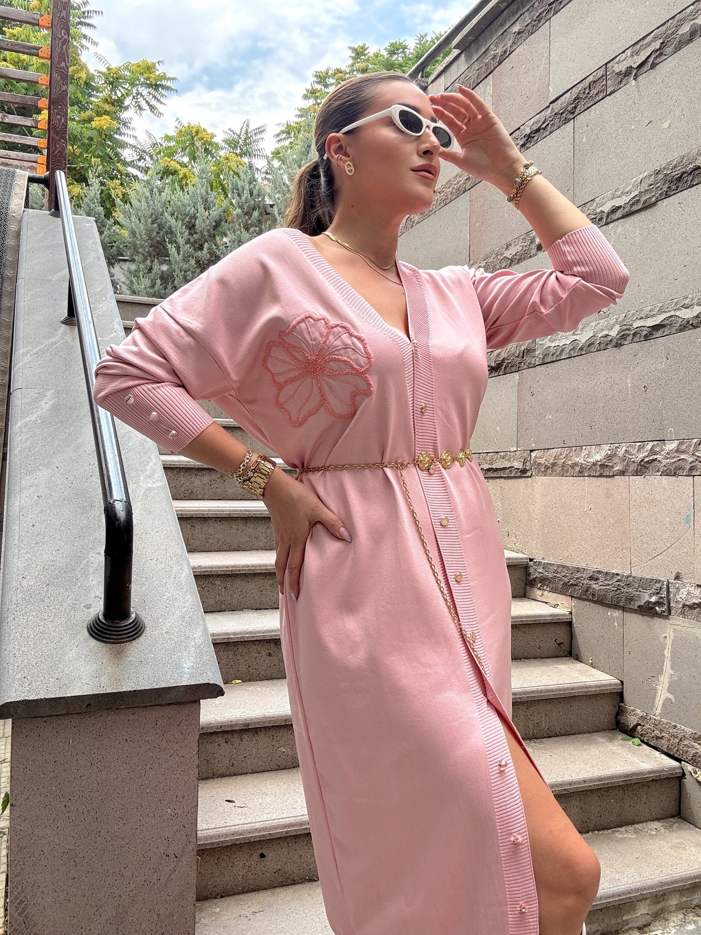 Maxi boy çiçek desenli uzun hırka Pembe
