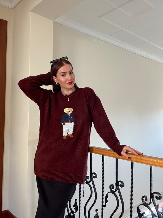 Ayıcık İşleme Yumoş Triko Kazak - BORDO