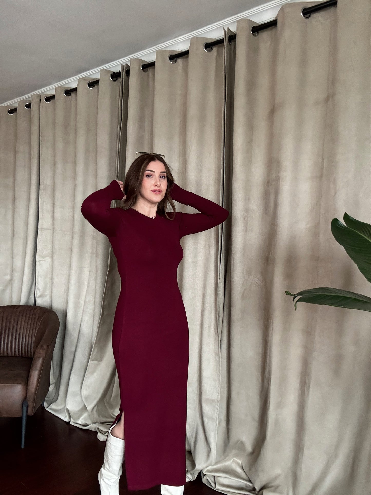 Bisiklet Yaka Yırtmaçlı Elbise - BORDO