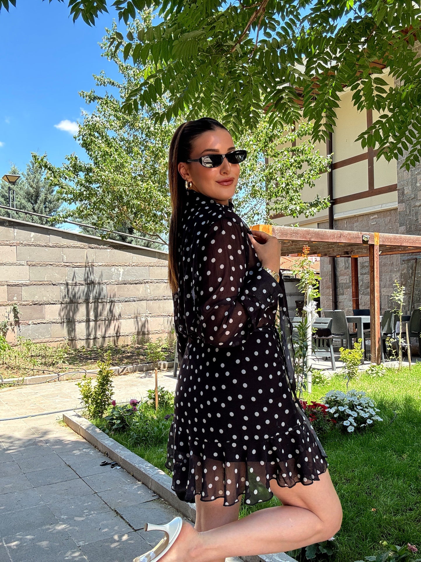 Puantiye desenli fularlı takım Siyah