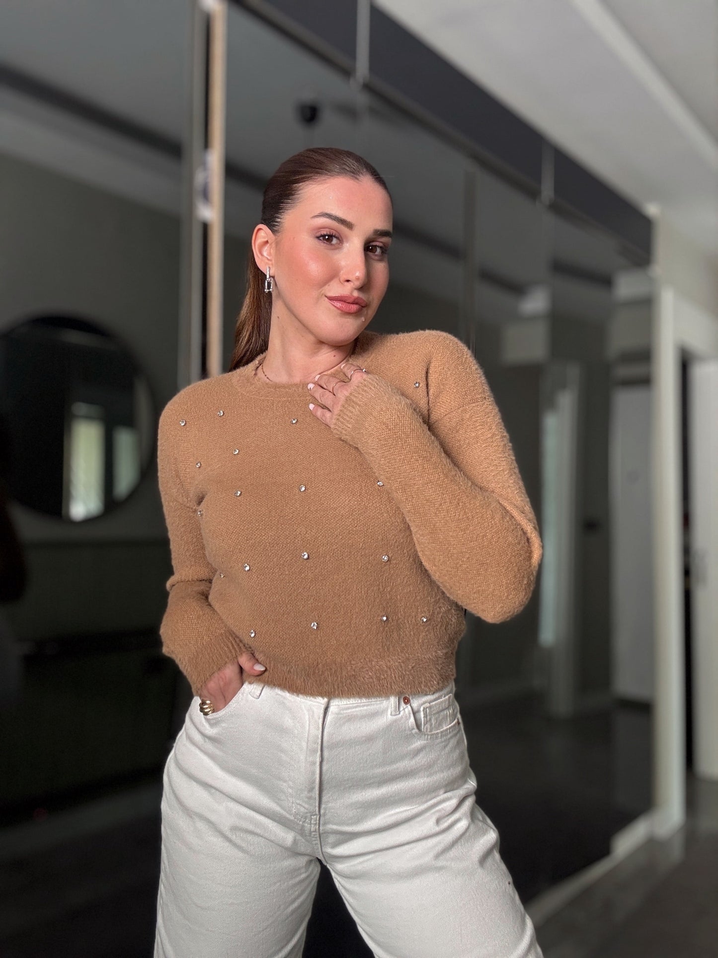 Taşlı sakal triko bluz Camel