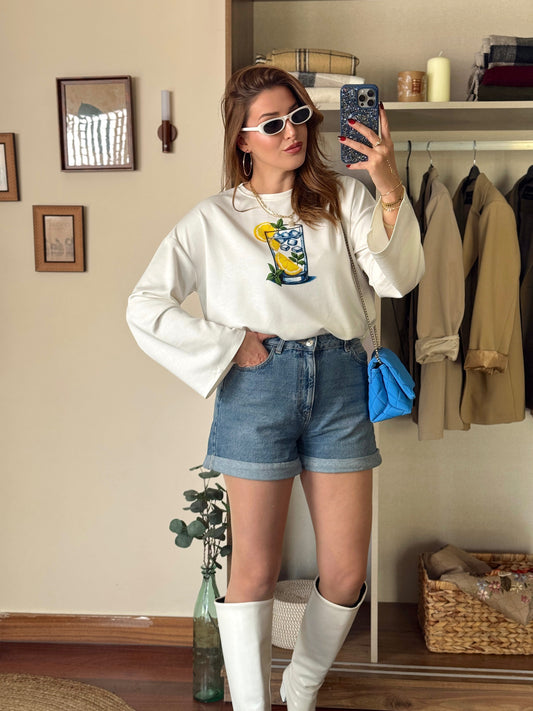 Limon buzlu bardak baskılı oversize modal sweat Beyaz