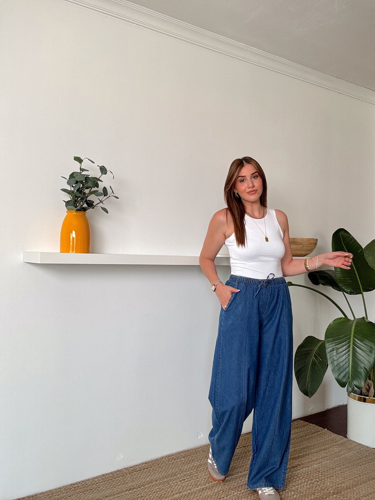 Bol paça lastikli kot pantolon -KOYU MAVİ