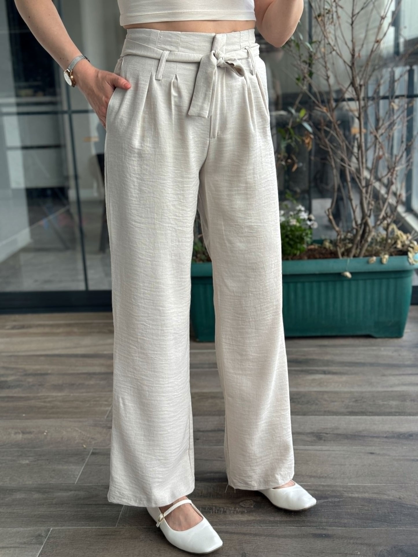 Kuşaklı Keten Pantolon - TAŞ