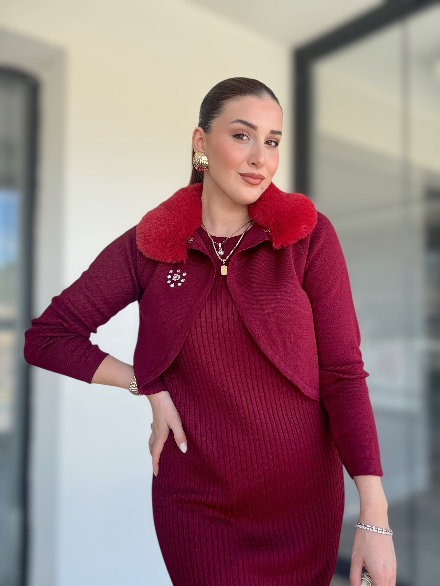 Yaka Peluş Taşlı Jile Takım Bordo