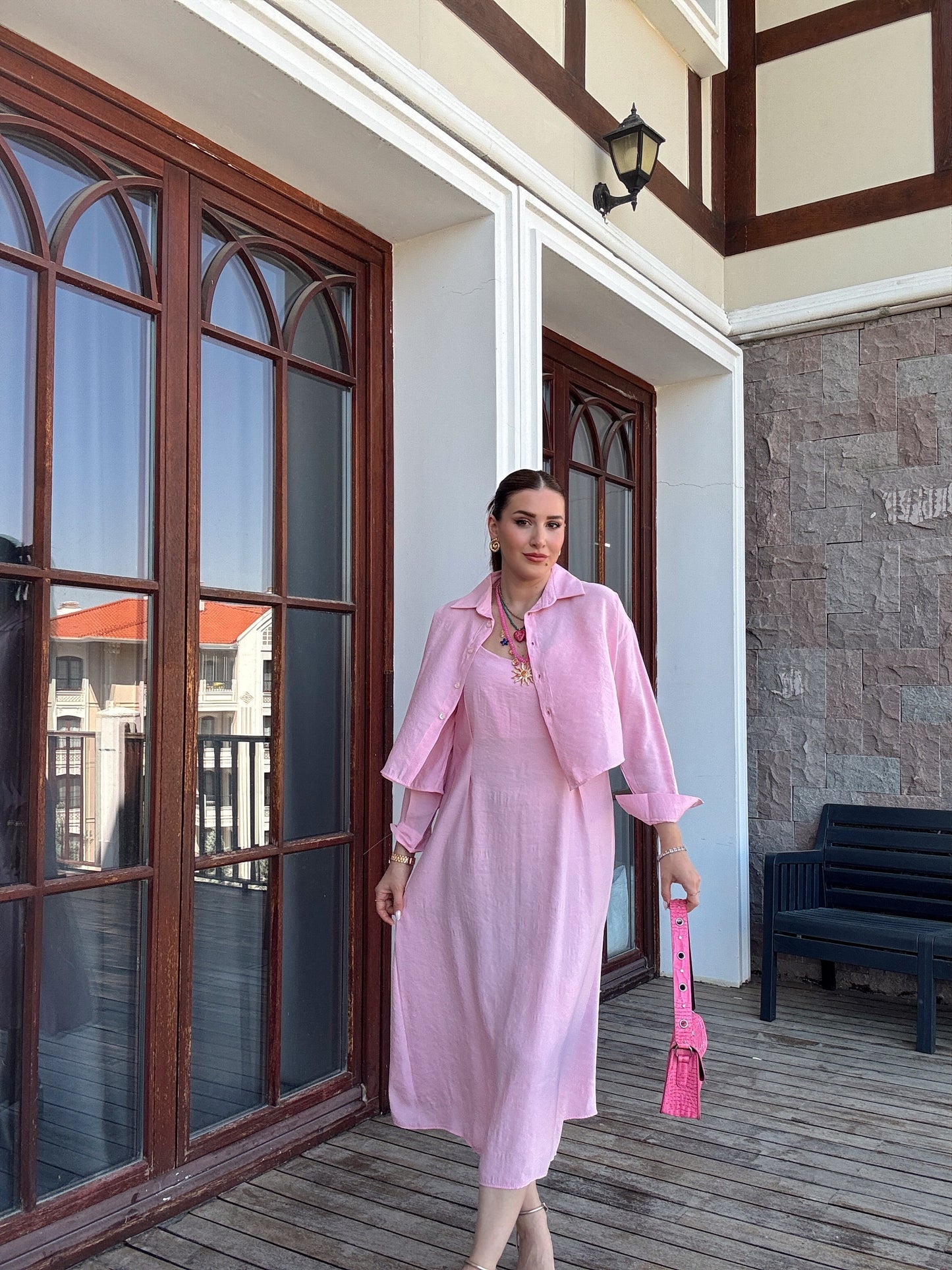 LİZBON gömlek elbiseli ikili takım PEMBE