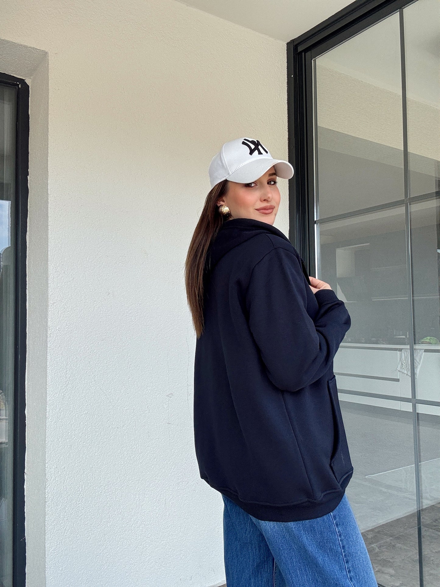 Şardonlu kapüşonlu sweatshİrt-LACİVERT